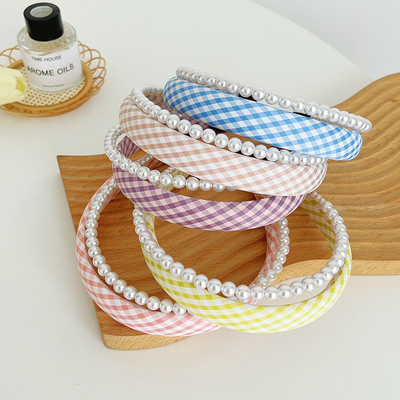 Summer New Cream Color Plaid Vintage Double Row Headband With Pearls for female