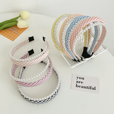 Summer New Cream Color Plaid Vintage Double Row Headband With Pearls for female