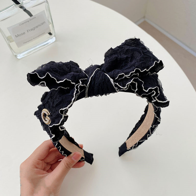 Mesh Ruffled Crinkled Wide-Brimmed Headband with bow for women
