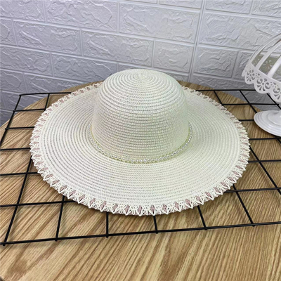 Large Brim Dome Simple Straw Hat With Pearl Accessories for female