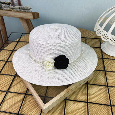 Flat Brim Flat Top Simple Straw Hat With Pearl Flower Accessories for women