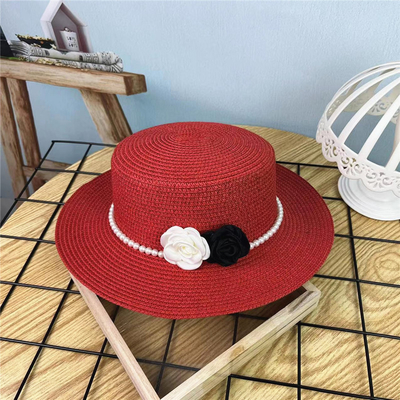 Flat Brim Flat Top Simple Straw Hat With Pearl Flower Accessories for women