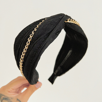 Vintage Fabric Cross Knotted Headband With Metal Chain For Women