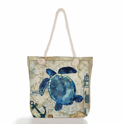 Octopus Turtle Print Thick Rope Vintage Beach Bag large capacity For Women