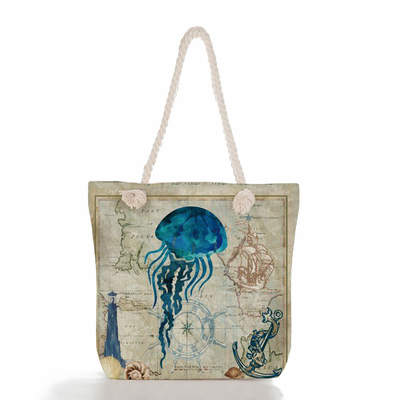 Octopus Turtle Print Thick Rope Vintage Beach Bag large capacity For Women