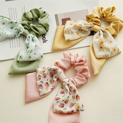 Floral Double Layer Small Fresh Fabric Hair Rope With Bow Ribbon For Female