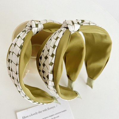 Fashion Matcha Green Plaid Knotted Fabric Headband For Women