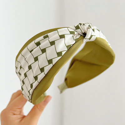 Fashion Matcha Green Plaid Knotted Fabric Headband For Women