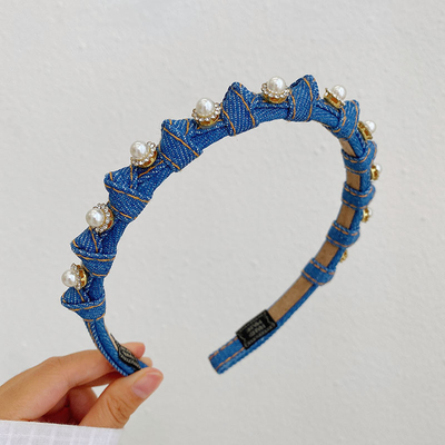 Blue Fashion Diamond Denim Braided Thin Headband For Women
