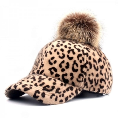 Leopard Mohair Pom Pom Baseball cap