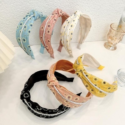 2022 Solid Color Fabric Small Floral Headband with Pearl Chain For Women