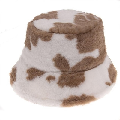 Women Fur Bucket Hat Autumn and Winter Bucket Hats Furry Cow Print Warm Bucket Hat