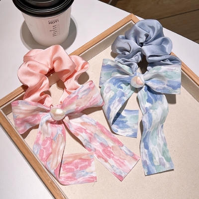 Retro French Floral Splashing Ink Bow Hair Rope Sweet And Cute Wind Hair Rope For Women