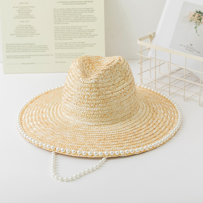 Large Brim Pearl Trim Straw Hat Sunshade Sun Protection Holiday Hat for women