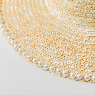 Large Brim Pearl Trim Straw Hat Sunshade Sun Protection Holiday Hat for women