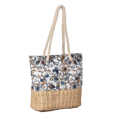 Bamboo Weaving Canvas Printing Large Capacity Beach Bag With Thick Rope Portable