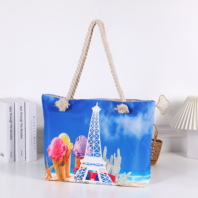 Casual Large Capacity Canvas Beach Bag With Ice Cream Print for Outside