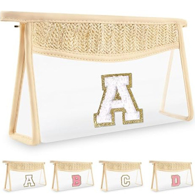 Straw woven clear Chenille Alphabet Makeup Bag Portable zipper waterproof PVC portable travel toiletry bag