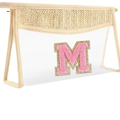 Straw woven clear Chenille Alphabet Makeup Bag Portable zipper waterproof PVC portable travel toiletry bag