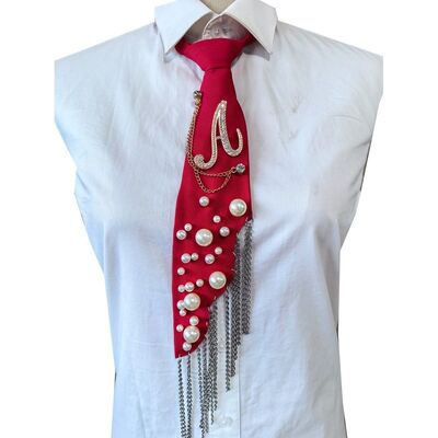 Wholesale Letter A Pearl Brooch Necktie Handmade Faux Pearl Alphabet Pin with Iron Chain Tassel Decorative Polyester Tie for Women (Red)