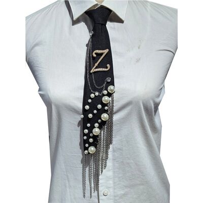 Wholesale Letter Z Pearl Brooch Necktie Handmade Faux Pearl Alphabet Pin with Iron Chain Tassel Decorative Polyester Tie for Women (Black)