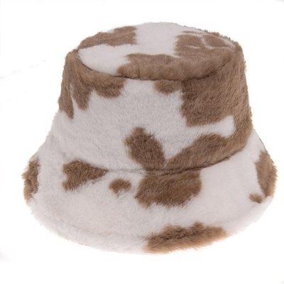 Women Fur Bucket Hat Autumn and Winter Bucket Hats Furry Cow Print Warm Bucket Hat