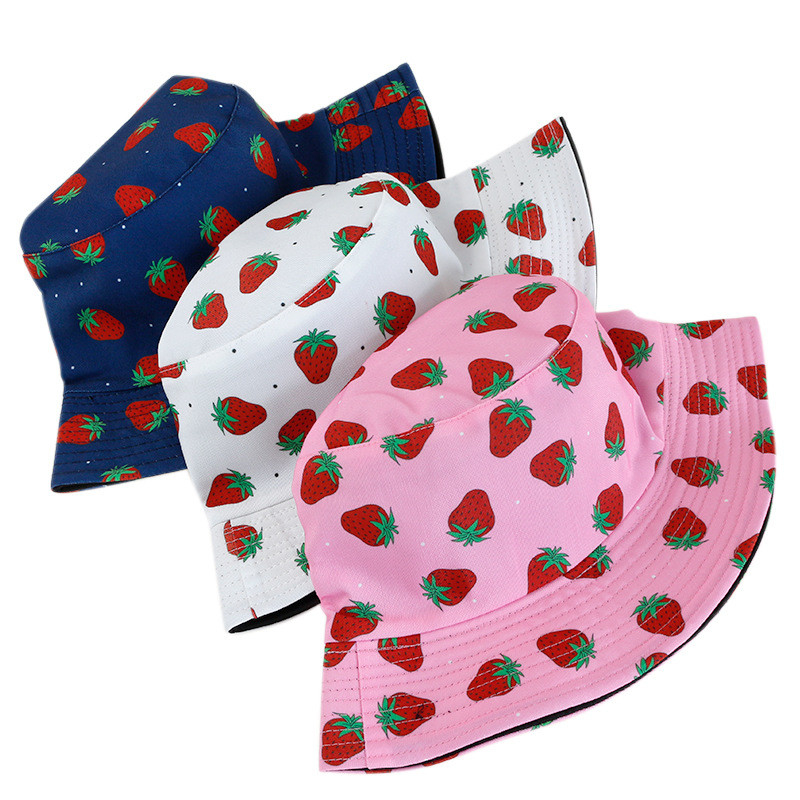 Double-sided strawberry printed fisherman hat Outdoor beach bucket hat