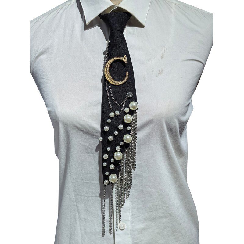 Wholesale Letter C Pearl Brooch Necktie Handmade Faux Pearl Alphabet Pin with Iron Chain Tassel Decorative Polyester Tie for Women (Black)