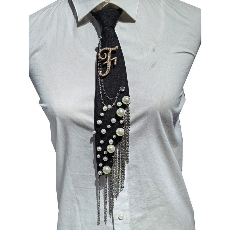 Wholesale Letter F Pearl Brooch Necktie Handmade Faux Pearl Alphabet Pin with Iron Chain Tassel Decorative Polyester Tie for Women (Black)