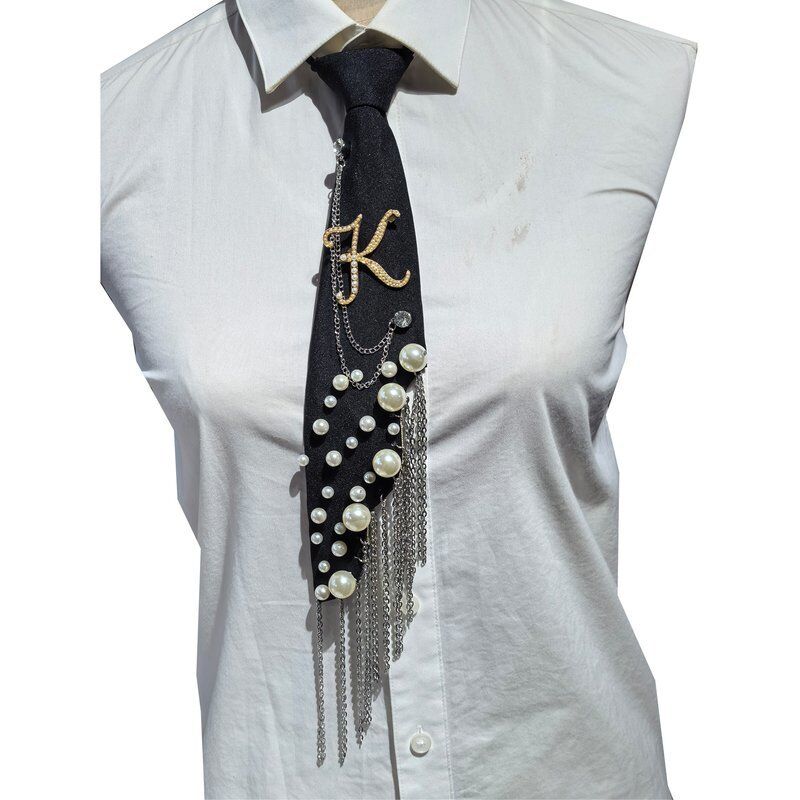 Wholesale Letter K Pearl Brooch Necktie Handmade Faux Pearl Alphabet Pin with Iron Chain Tassel Decorative Polyester Tie for Women (Black)