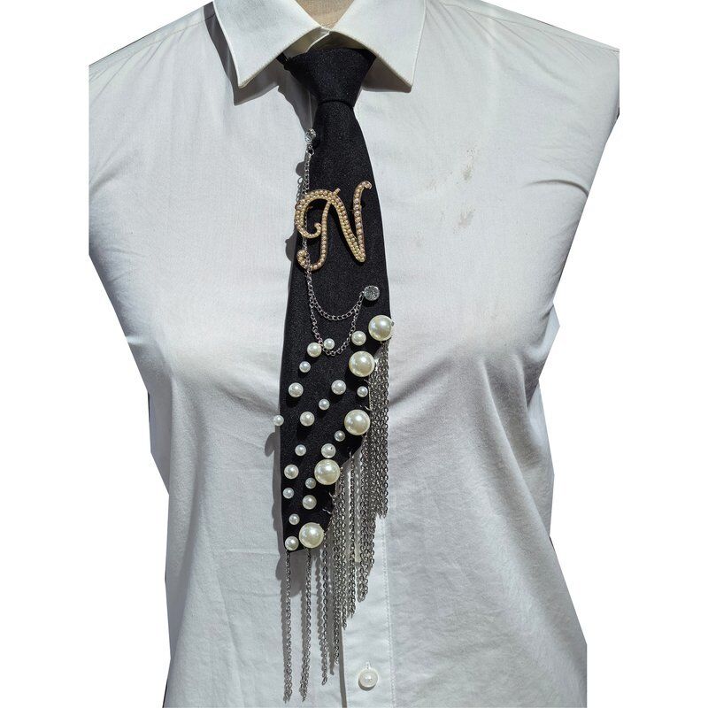 Wholesale Letter N Pearl Brooch Necktie Handmade Faux Pearl Alphabet Pin with Iron Chain Tassel Decorative Polyester Tie for Women (Black)