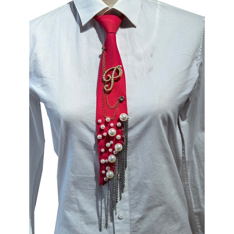 Wholesale Letter P Pearl Brooch Necktie Handmade Faux Pearl Alphabet Pin with Iron Chain Tassel Decorative Polyester Tie for Women (Red)