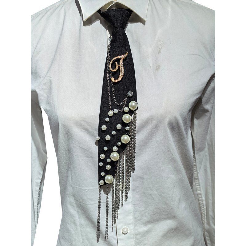 Wholesale Letter T Pearl Brooch Necktie Handmade Faux Pearl Alphabet Pin with Iron Chain Tassel Decorative Polyester Tie for Women (Black)