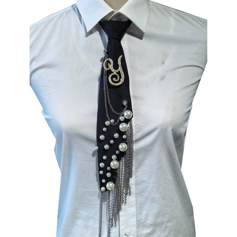 Wholesale Letter Y Pearl Brooch Necktie Handmade Faux Pearl Alphabet Pin with Iron Chain Tassel Decorative Polyester Tie for Women (Black)