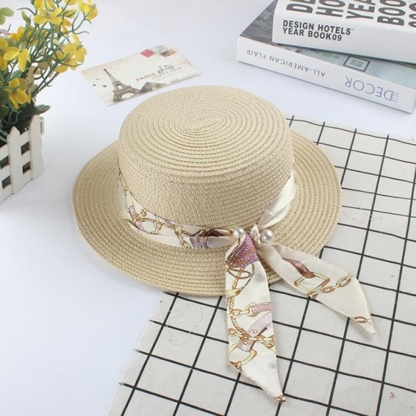 Ladies Hats Straw Hat Beach Women Pearl Straw Hat with Ribbon Vacation