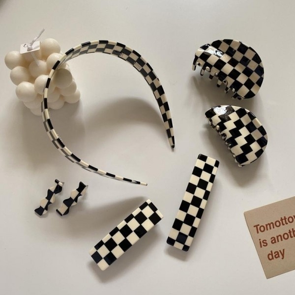 QS White and black headband hair clip set for girl Shark hair clip Plaid headband
