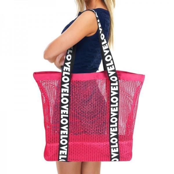 Custom new large transparent women mesh beach bag fashion love letter strap