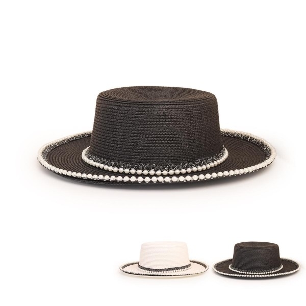 Fashion Wide Brim Straw Hat Pearl Trim Straw Hat For Women