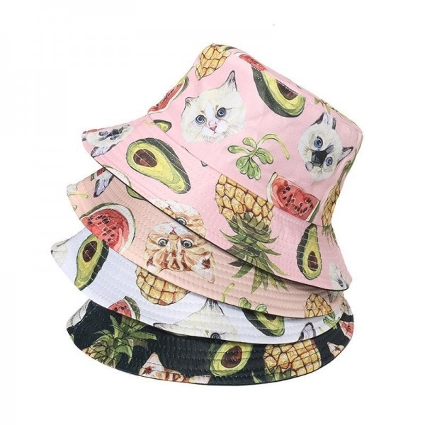 Fashion Bucket Hat with Printed Pineapple Avocado Cat For Women
