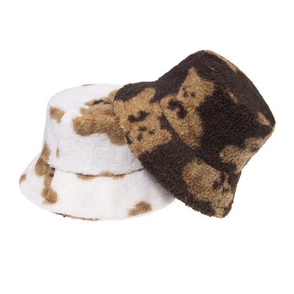 2021 New Bear Print Sherpa Fur Bucket Hat Autumn and Winter Bucket Hat Women Lovely Bucke