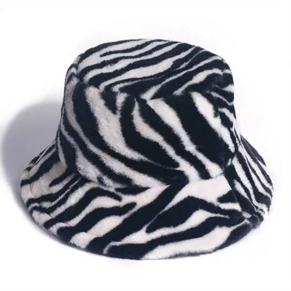 Womens Winter Basin Hats 2021 Zebra Pattern Faux Rabbit Fur Bucket Hat Thick Style Winte