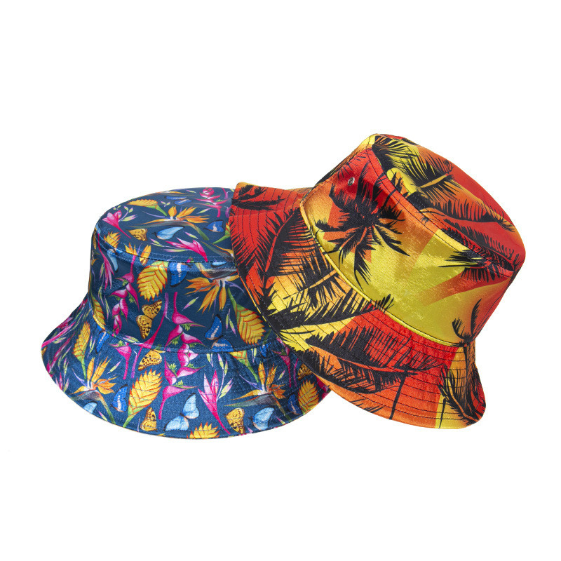Summer Floral Fishing Print Satin Faux Silk Bucket Hat For Women
