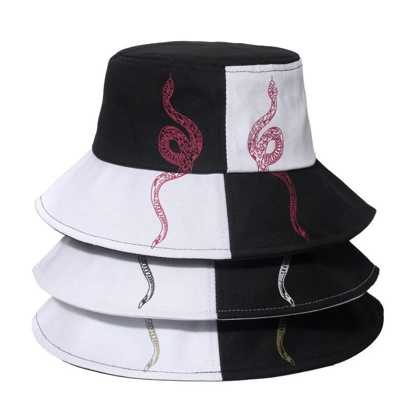 Hip-Hop Snake Pattern Totem Bucket Hat Black And White Stitching Plaid Fisherman Hat