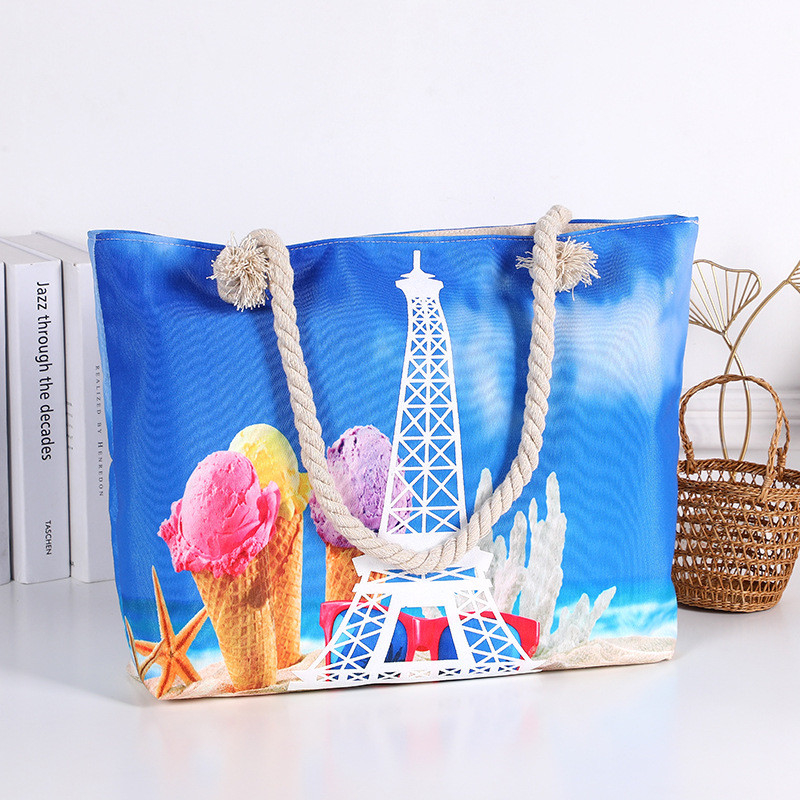 Casual Large Capacity Canvas Beach Bag With Ice Cream Print for Outside